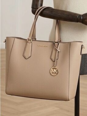 Michael Kors Taupe Pebbled Leather Tote with Gold Charm